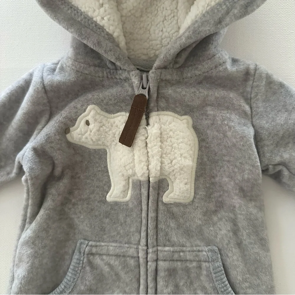 Carter’s Newborn Baby Polar Bear Fleece Romper Jumpsuit Gray Sherpa Lined Hood